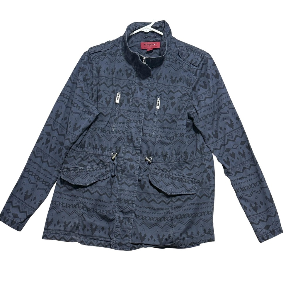 Coffeeshop Jacket Womens Large Blue Gray Utility Anorak Aztec Print Drawstring